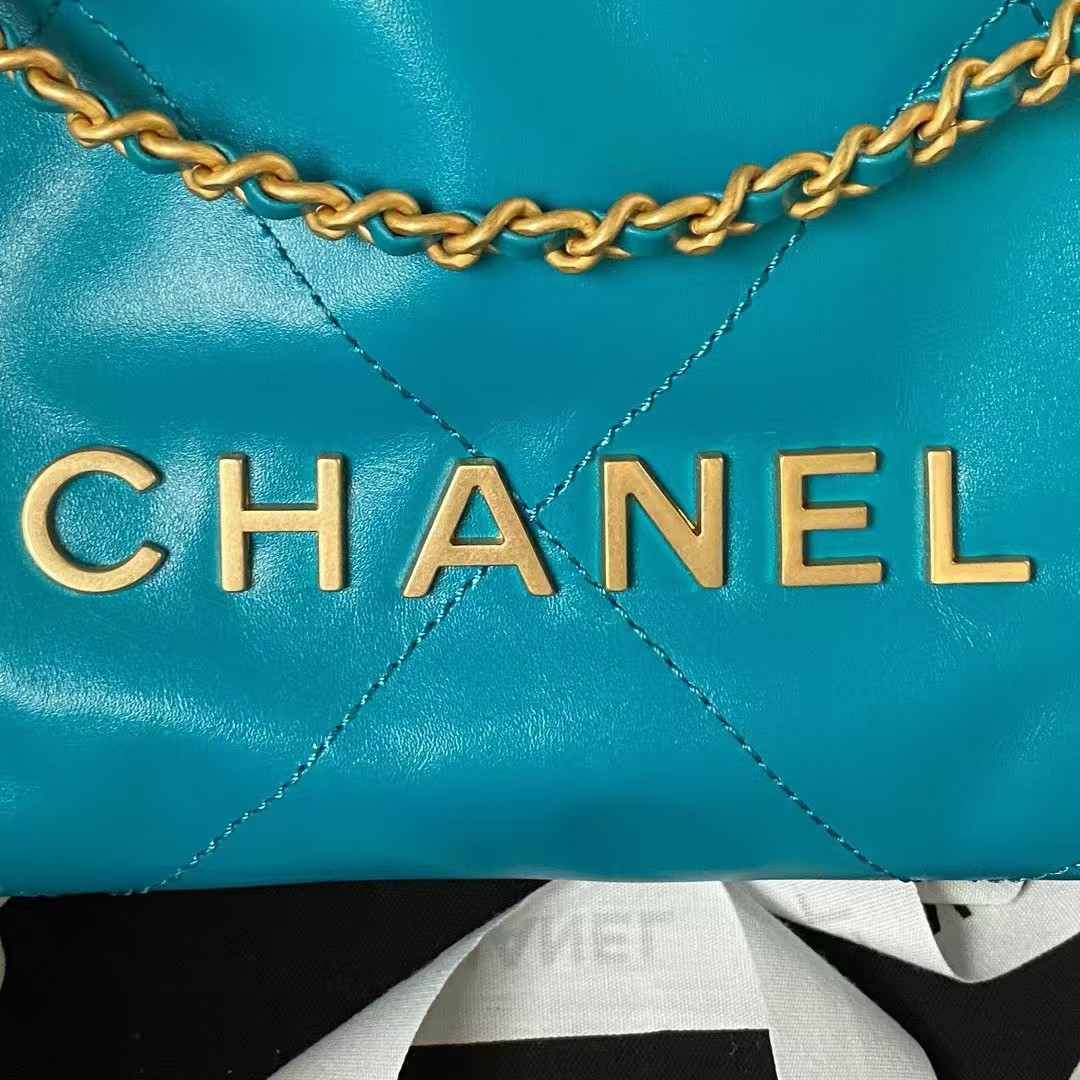 Replicate Chanel 22 AS3980 Mini Tote Shiny Calfskin   Gold-Tone Metal Lake Blue(1:1 replica)