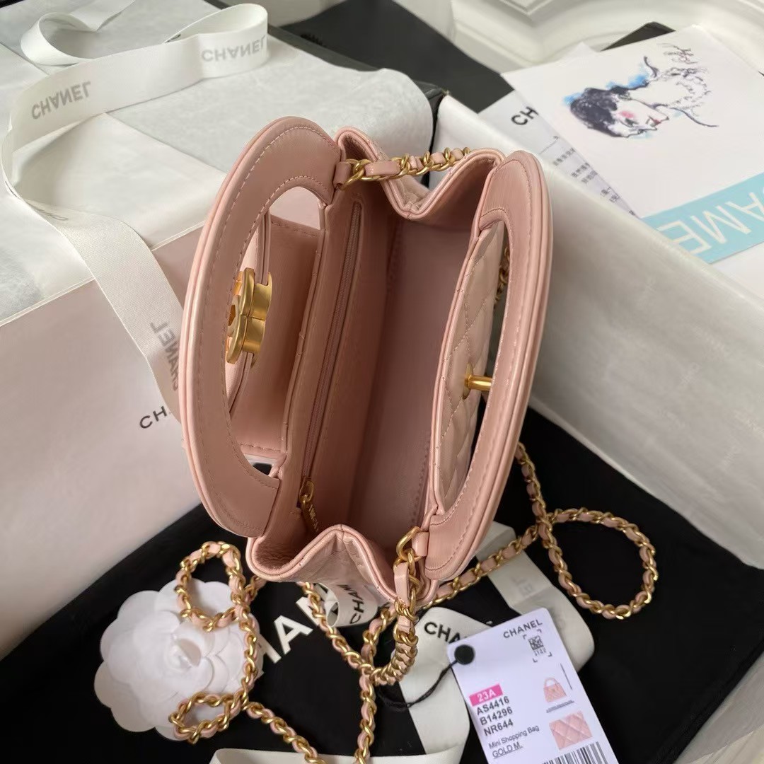 Replicate Chanel AS4416 Mini Shopping Bag Shiny Aged Calfskin Gold Tone Metal Light Pink(1:1 replica)
