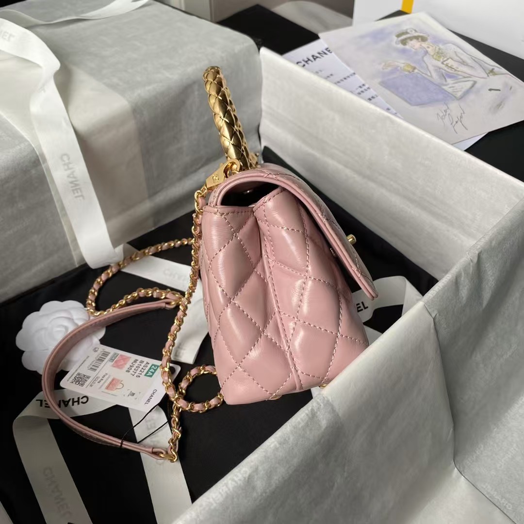 Replicate Chanel AS2215 Mini Flap Bag With Metal Top Handle Shiny Calfskin Pink(1:1 replica)
