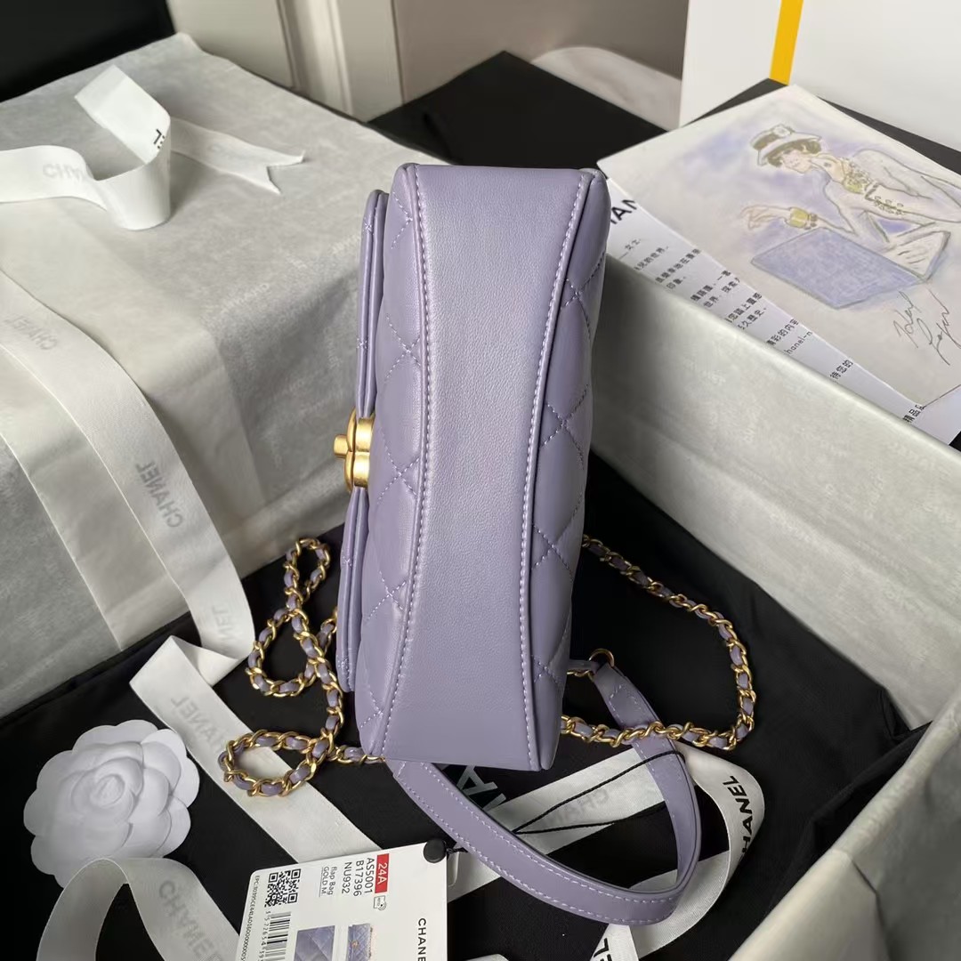 Replicate Chanel AS5001 Mini Flap Bag Top Handle Shiny Lambskin Faux Pearl   Gold Metallic Purple(1:1 replica)