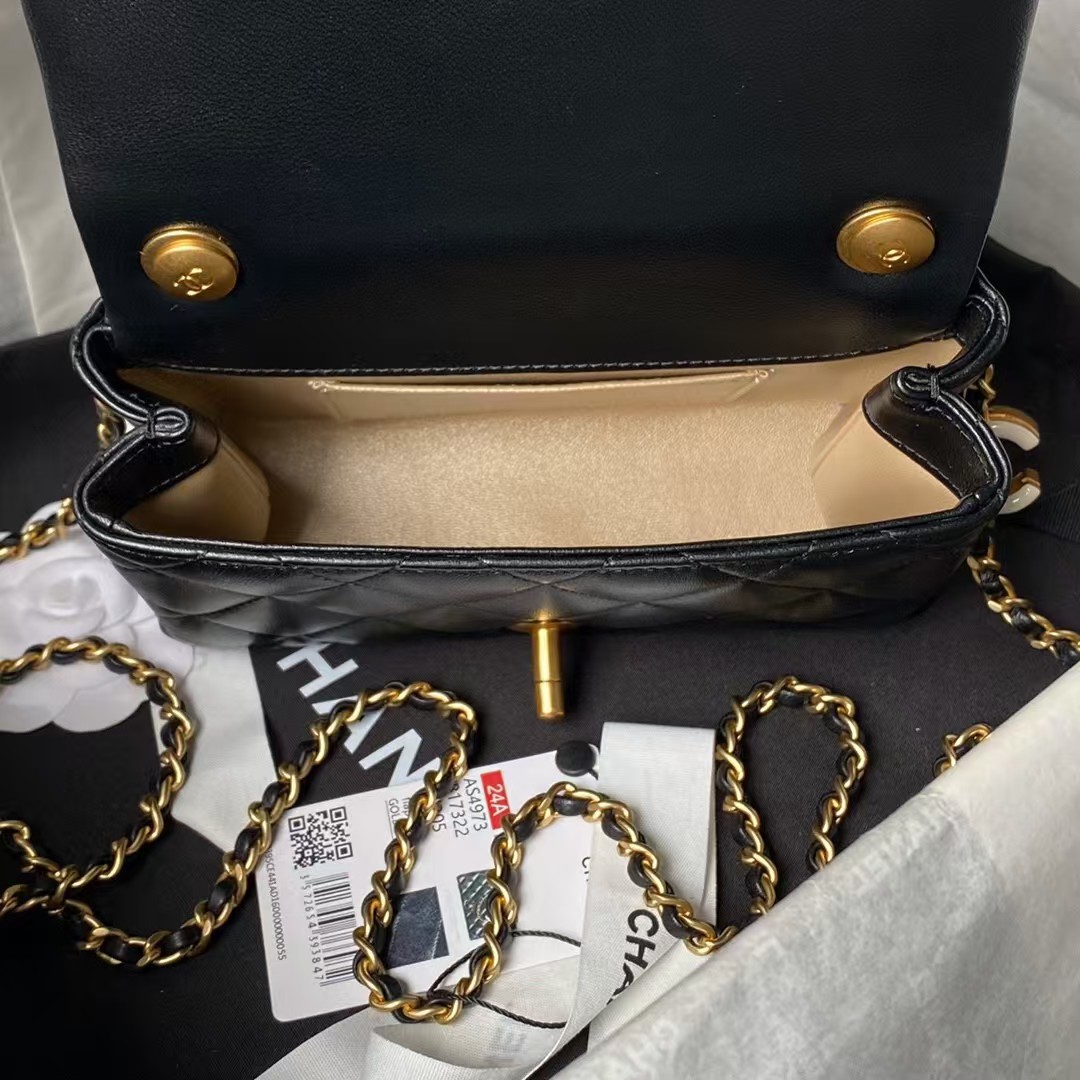 Replicate Chanel AS4973 Mini Flap Bag Shiny Lambskin Enamel   Gold Metal Black(1:1 replica)