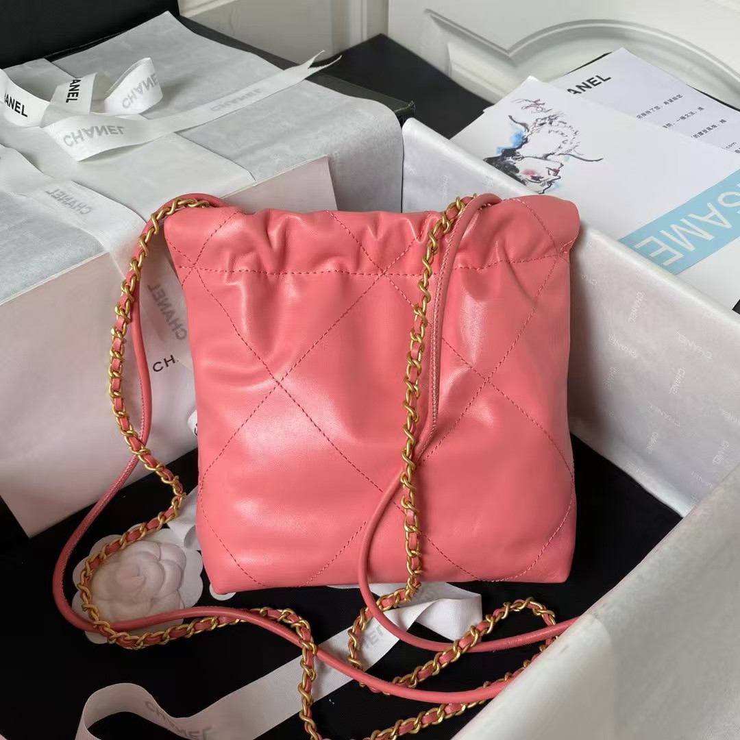 Replicate Chanel 22 AS3980 Mini Tote Shiny Calfskin Gold-Tone Metal Dark Pink(1:1 replica)