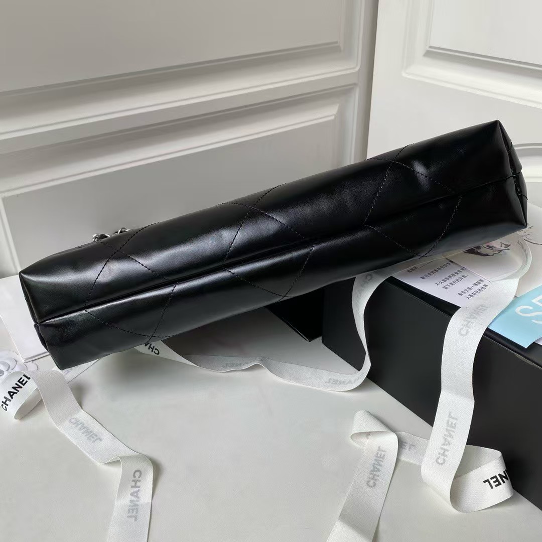 Replicate Chanel 22 Hobo Bag 24C AS4486 Silver Metallic Black Shiny Calfskin New Edition Horizontal(1:1 replica)