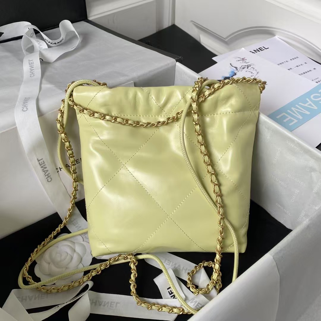 Replicate Chanel 22 AS3980 Mini Tote Shiny Calfskin Gold-Tone Metal Yellow(1:1 replica)