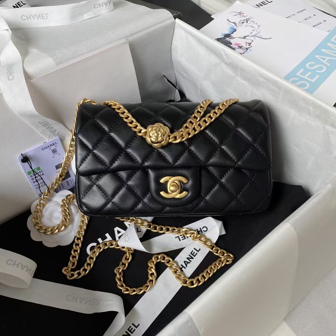 Replicate Chanel 23S AS4041 Mini Camellia Embossed Rectangular Flap Bag Antique Gold Hardware Black(1:1 replica)