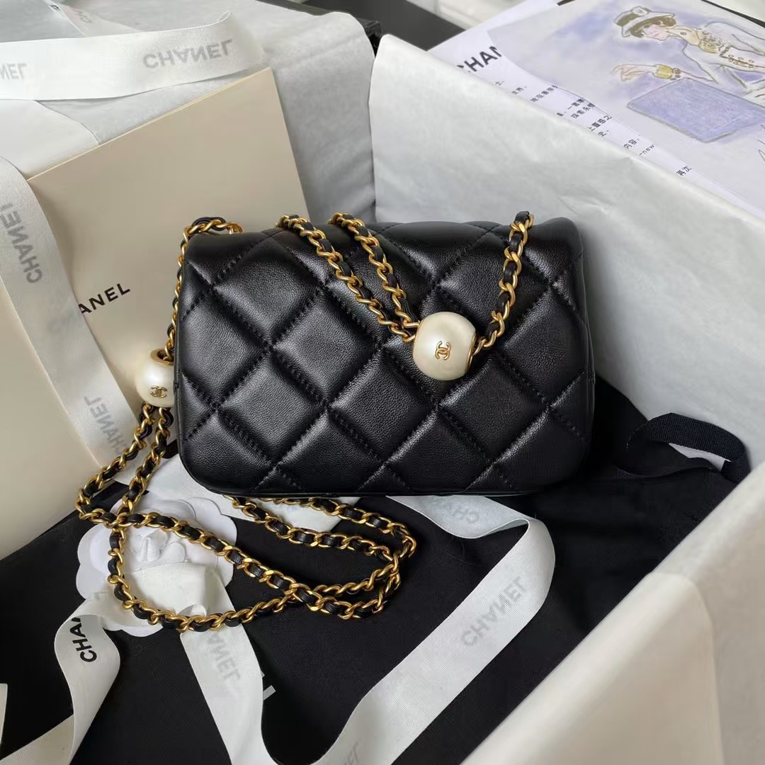 Replicate Chanel AS4868 Mini Flap Bag Pearl Lambskin Faux Pearl Gold Metal Black(1:1 replica)