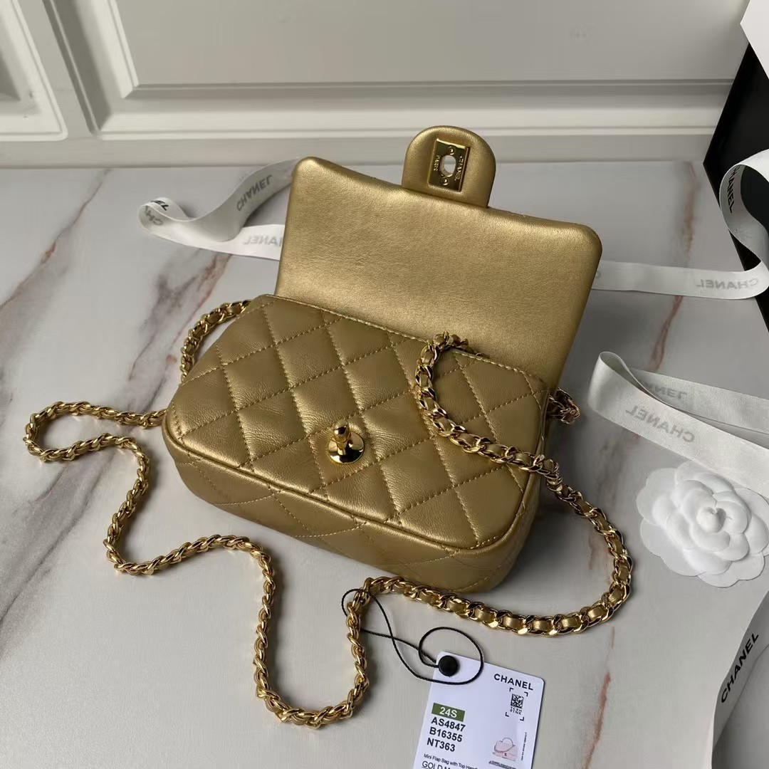 Replicate Chanel AS4847 Mini Flap Bag With Top Handle Lambskin Resin Gold(1:1 replica)