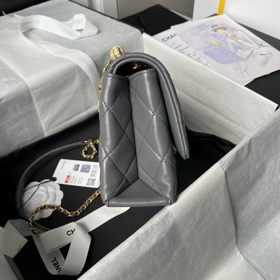 Replicate Chanel AS4997 Flap Bag Top Handle Shiny Lambskin Imitation Pearl   Gold Metal Grey(1:1 replica)