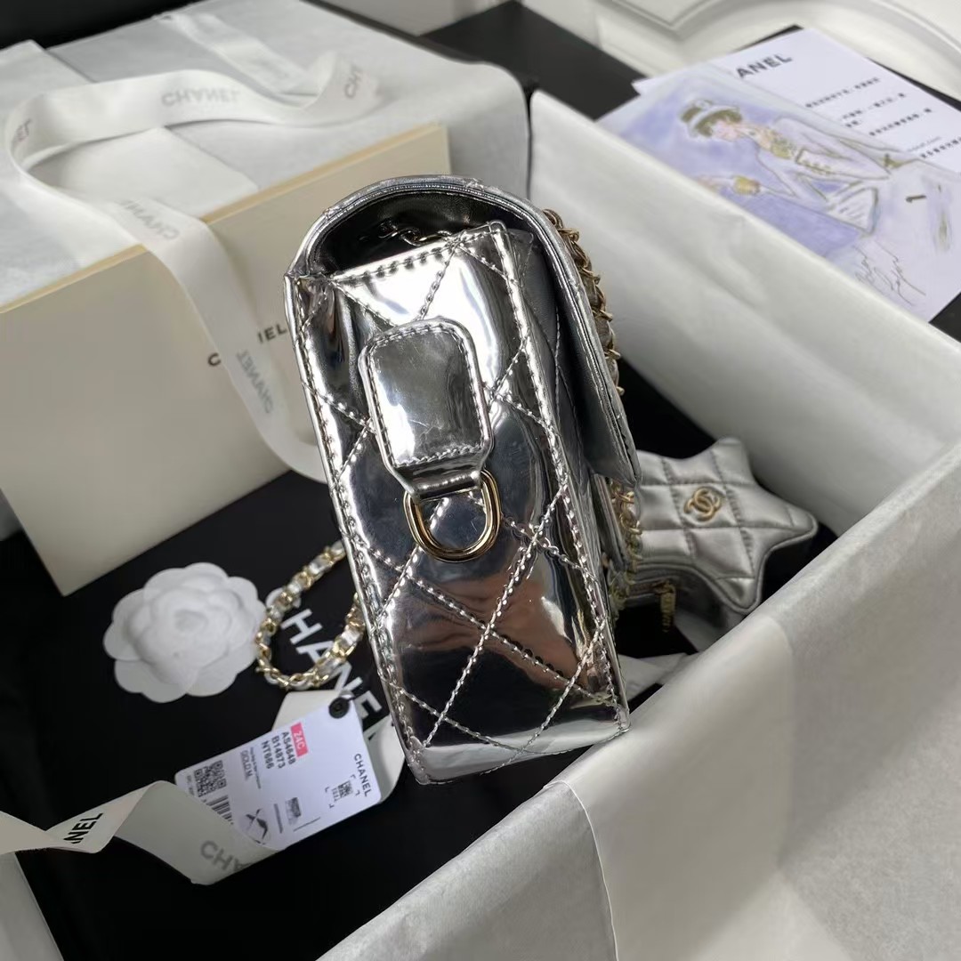 Replicate Chanel AS4648 Flap Bag Star Coin Purse Mirrored Calfskin Metallic Calfskin   Gold Metallic Silver(1:1 replica)