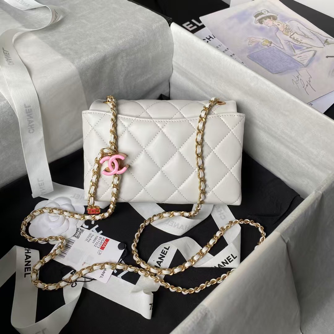 Replicate Chanel AS4973 Mini Flap Bag Shiny Lambskin Enamel Gold-Tone Metal White(1:1 replica)