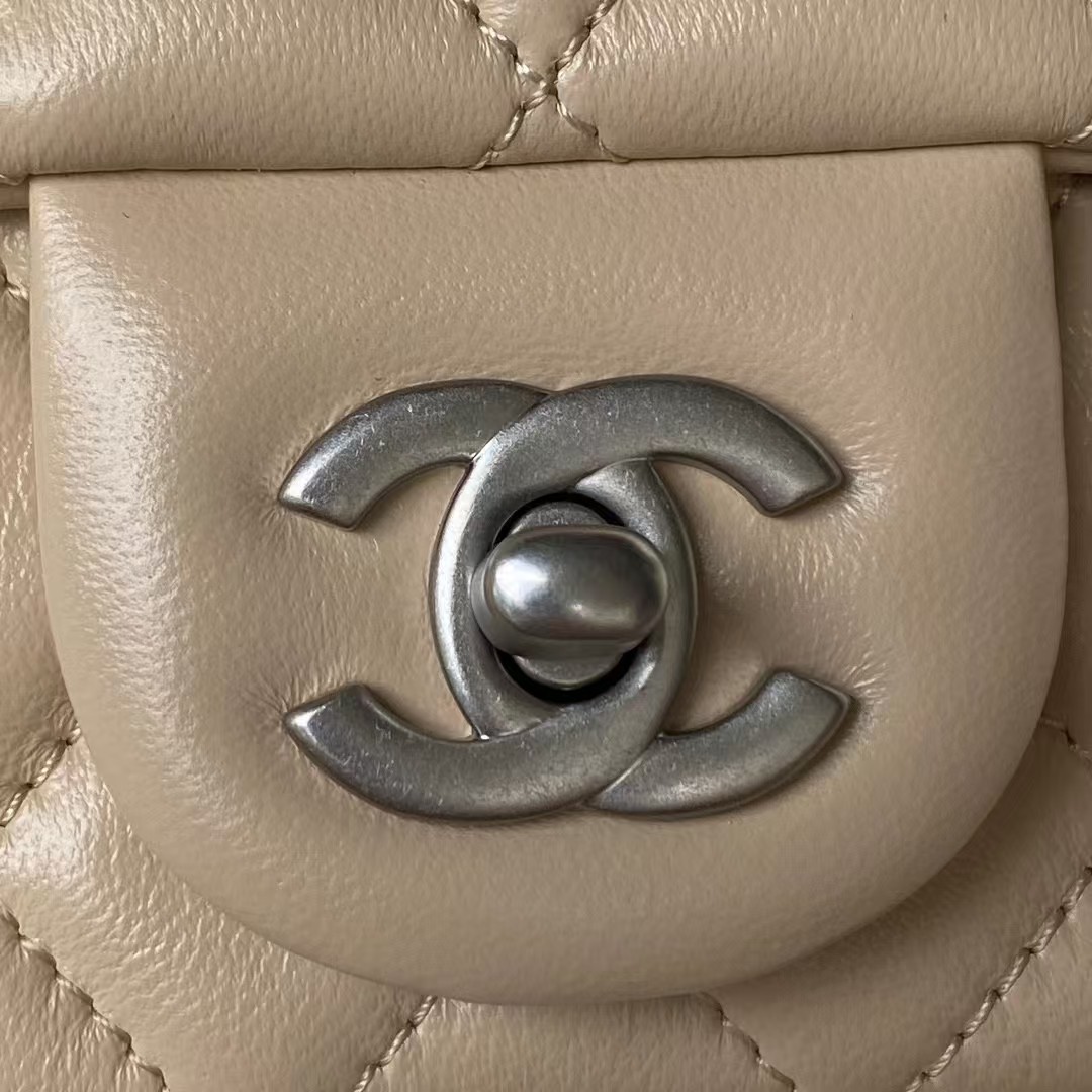Replicate Chanel 23C AS1786 Mini Square Pearl Embossed Flap Bag Antique Silver Hardware Apricot(1:1 replica)
