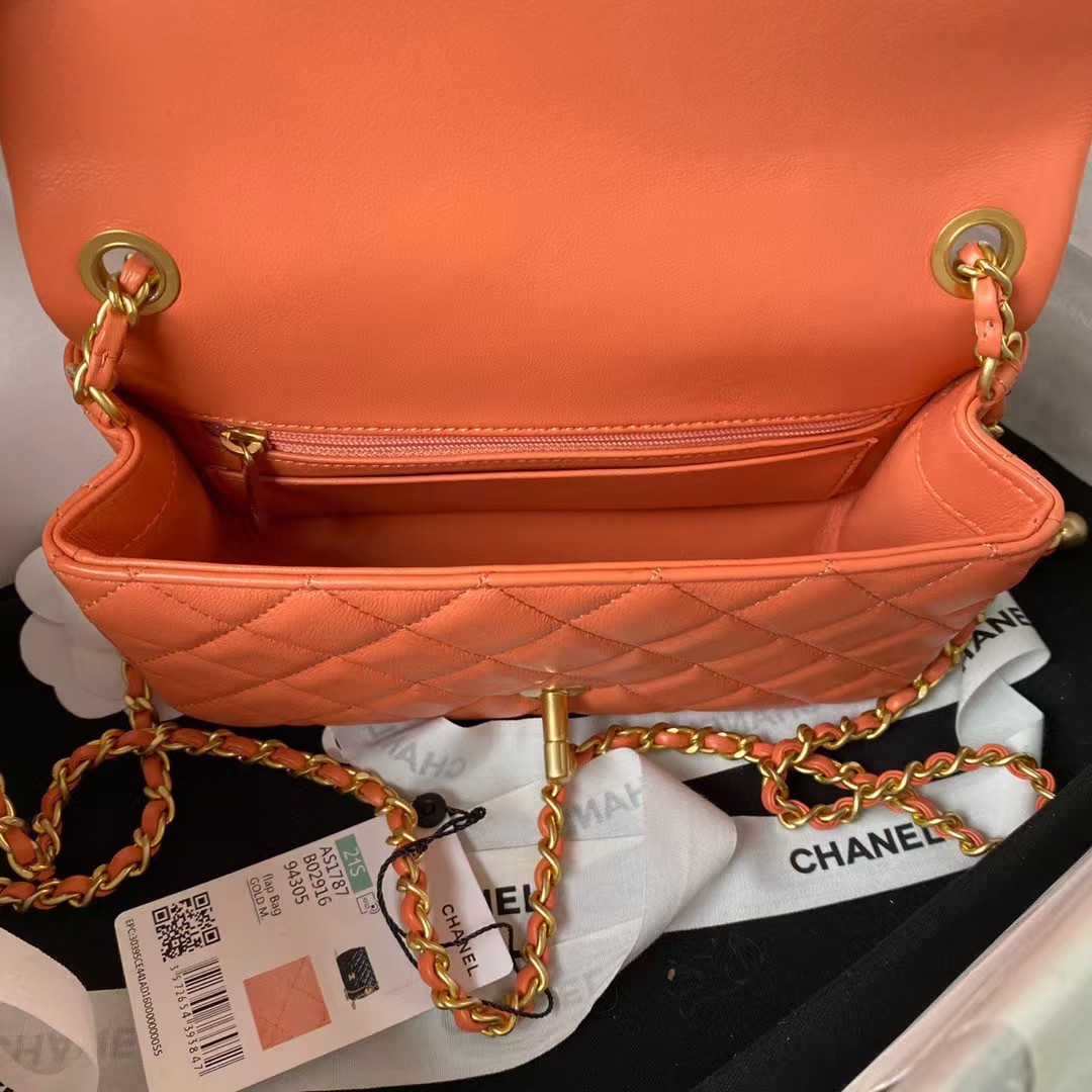 Replicate Chanel 23K AS1787 Mini Pearl Embossed Rectangular Flap Bag Lambskin Brushed Metal Hardware Orange(1:1 replica)