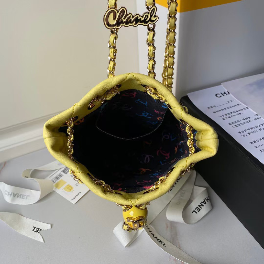 Replicate Chanel 24S AS4810 Medium CC Drawstring Backpack Shiny Lambskin Light Gold Hardware Yellow(1:1 replica)