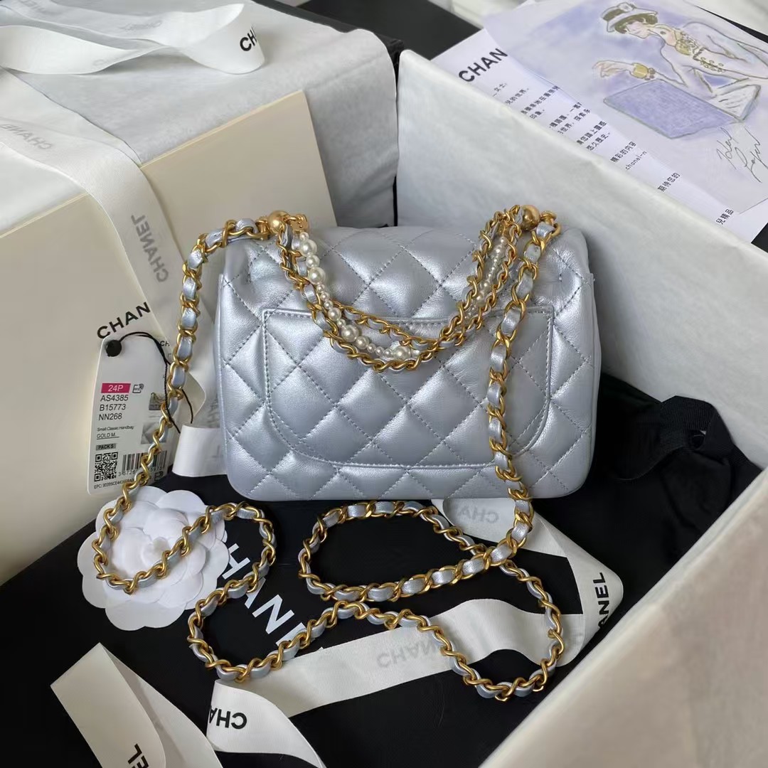 Replicate Chanel AS4385 Mini Flap Bag Pearl Lambskin Faux Pearl Gold Metal Grey(1:1 replica)
