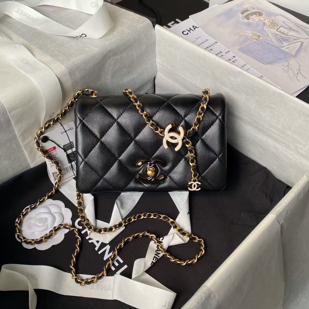 Replicate Chanel AS4973 Mini Flap Bag Shiny Lambskin Enamel Gold Metal Black(1:1 replica)