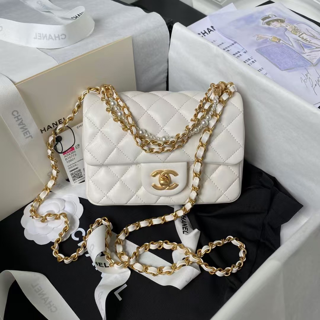 Replicate Chanel AS4385 Mini Flap Bag Pearl Lambskin Faux Pearl Gold Metal White(1:1 replica)