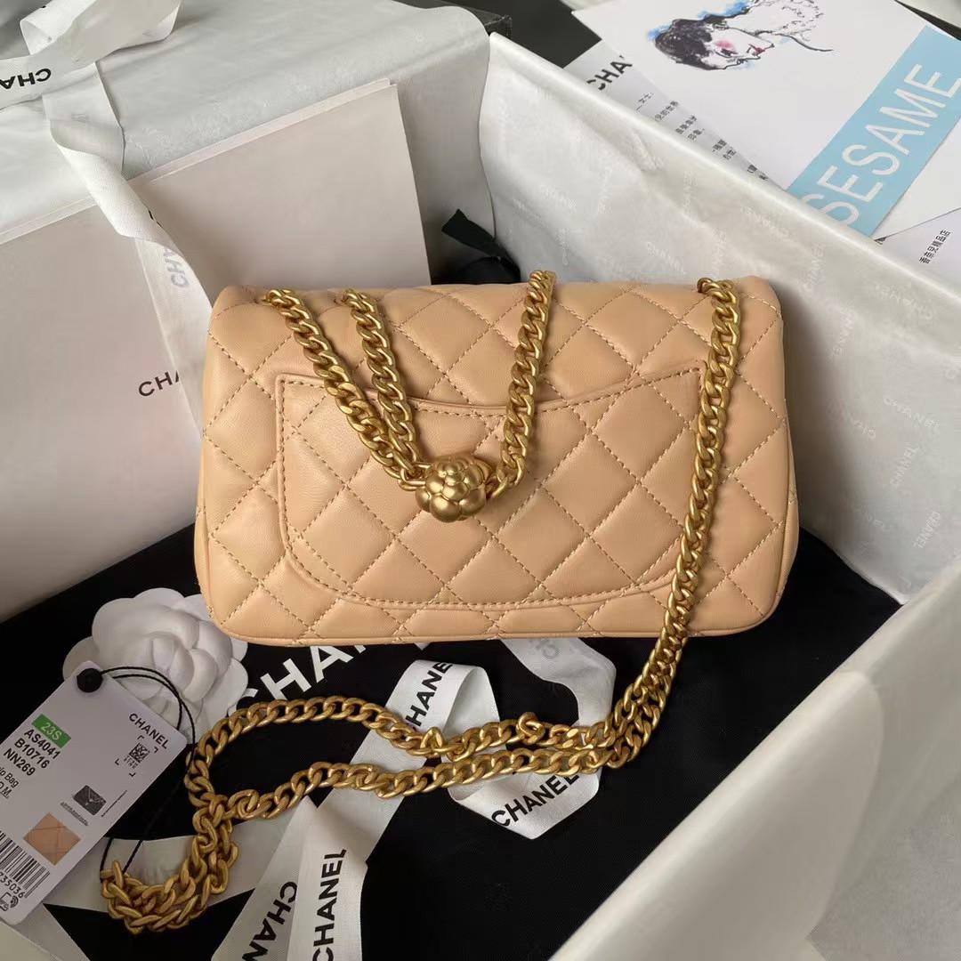 Replicate Chanel 23S AS4041 Mini Camellia Embossed Rectangular Flap Bag Antique Gold Metal Hardware Apricot(1:1 replica)