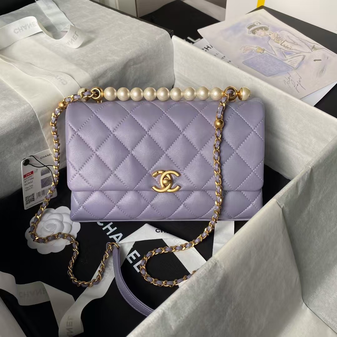 Replicate Chanel AS4997 Flap Bag With Top Handle Shiny Lambskin Imitation Pearls Gold-Tone Metal Purple(1:1 replica)