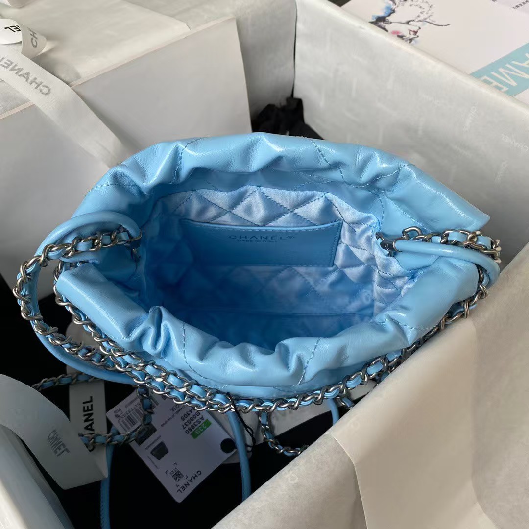 Replicate Chanel 22 AS3980 Mini Tote Shiny Calfskin   Silver-Tone Metal Sky Blue(1:1 replica)