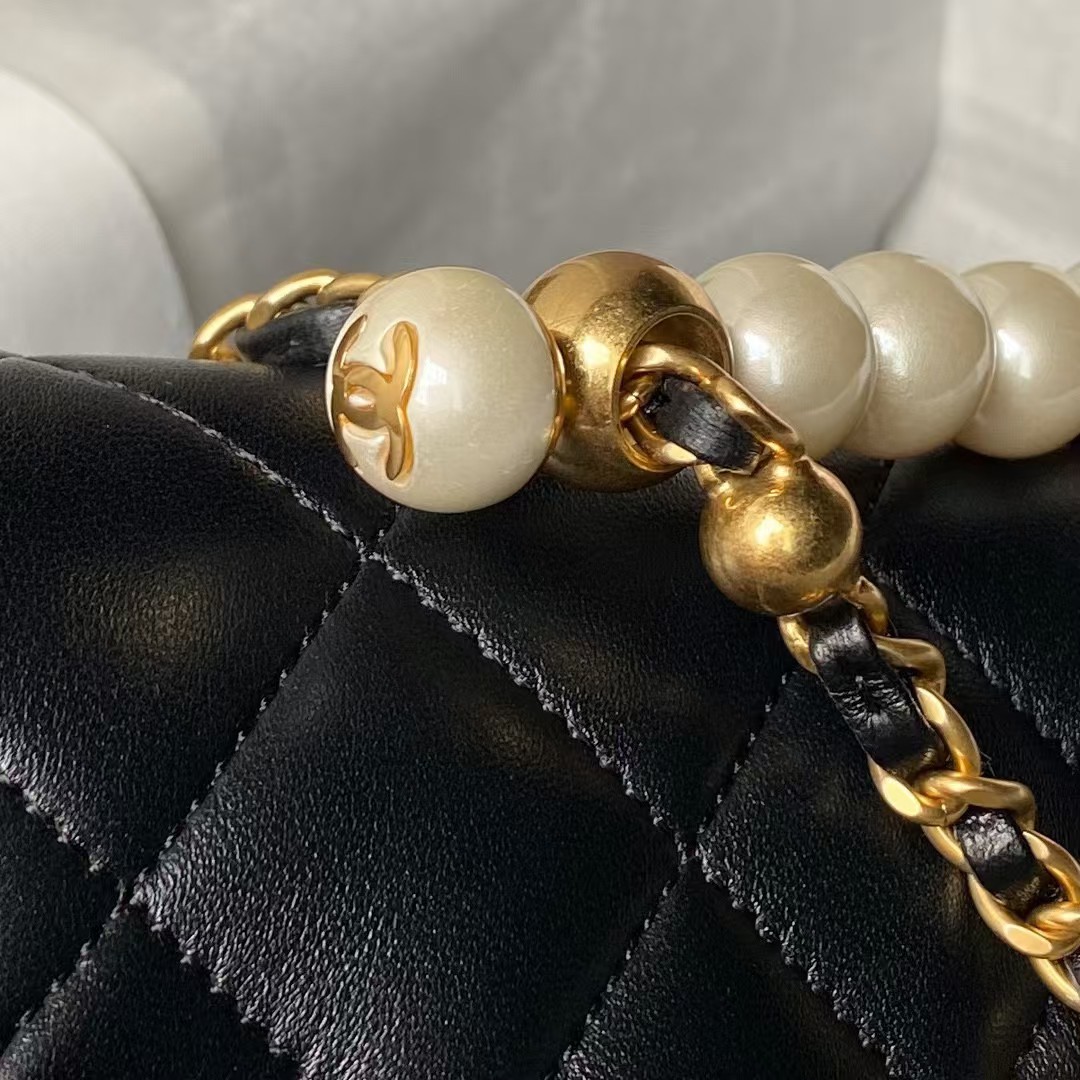 Replicate Chanel AS5001 Mini Flap Bag Top Handle Shiny Lambskin Imitation Pearl   Gold Metal Black(1:1 replica)