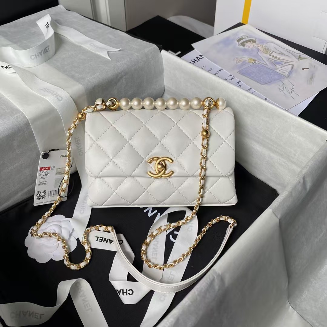 Replicate Chanel AS5001 Mini Flap Bag Top Handle Shiny Lambskin Imitation Pearl Gold Metal White(1:1 replica)