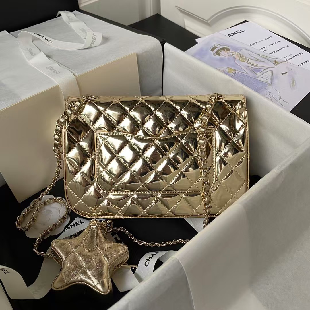 Replicate Chanel AS4648 Flap Bag Star Coin Purse Mirrored Calfskin Metallic Calfskin Gold Metallic Gold(1:1 replica)