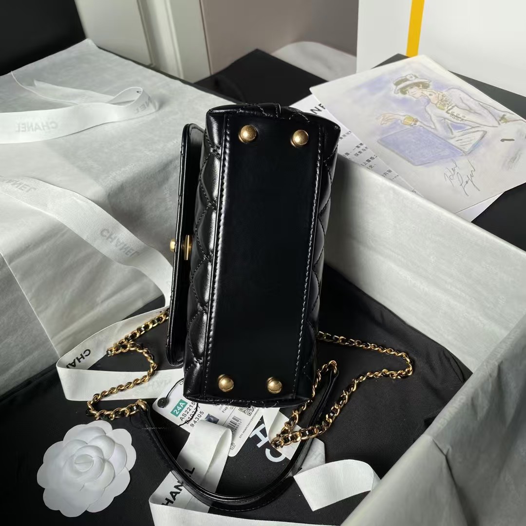 Replicate Chanel AS2215 Mini Flap Bag With Metal Top Handle Shiny Calfskin Black(1:1 replica)