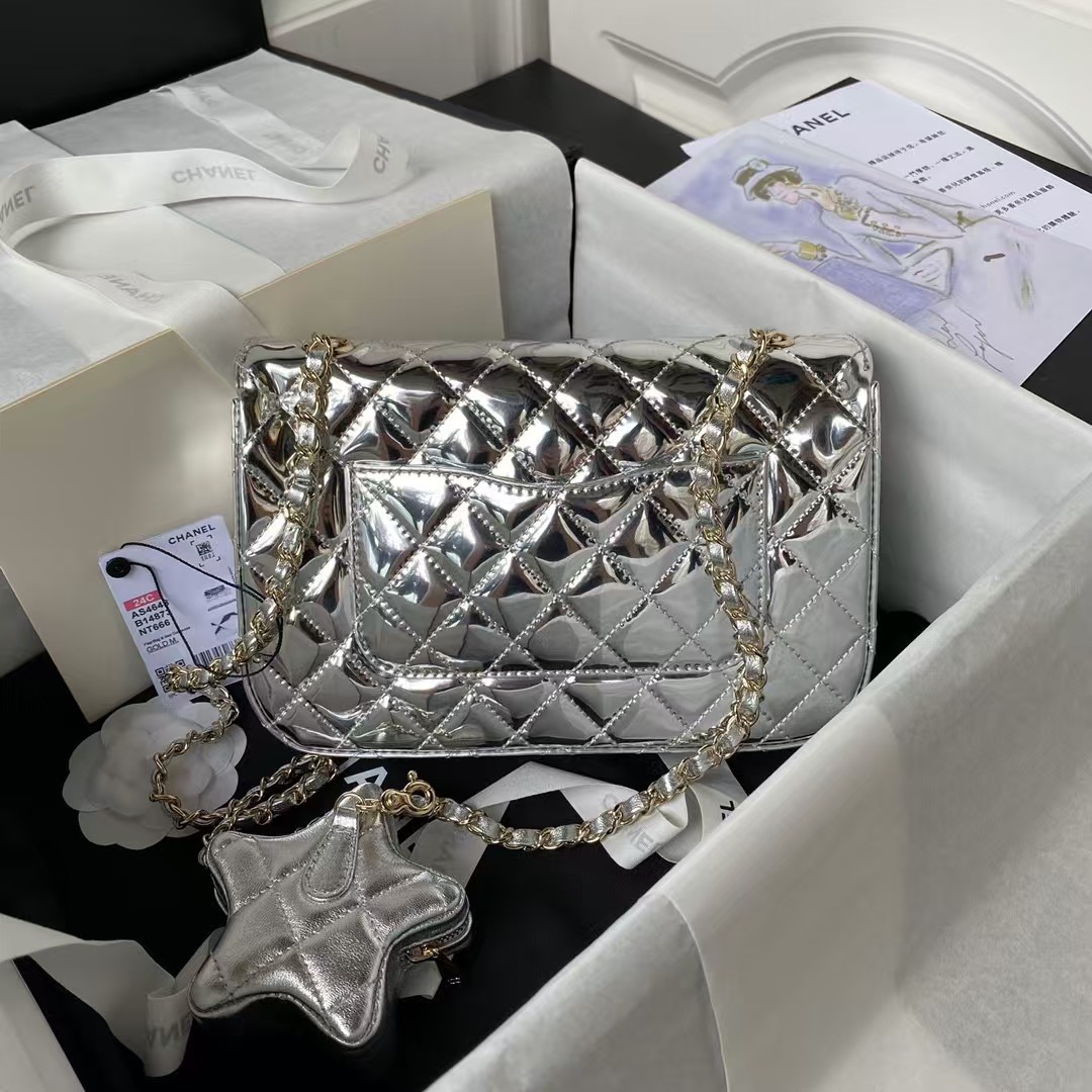 Replicate Chanel AS4648 Flap Bag Star Coin Purse Mirrored Calfskin Metallic Calfskin Gold Metallic Silver(1:1 replica)