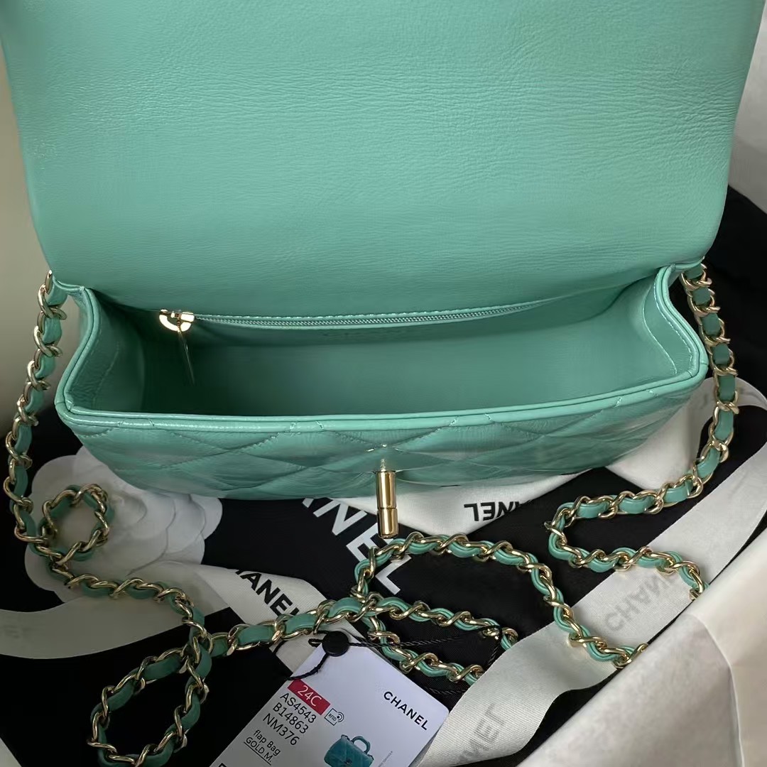 Replicate Chanel 24C AS4543 Mini Flap Bag Chain Bag Top Handle Turquoise Lambskin(1:1 replica)