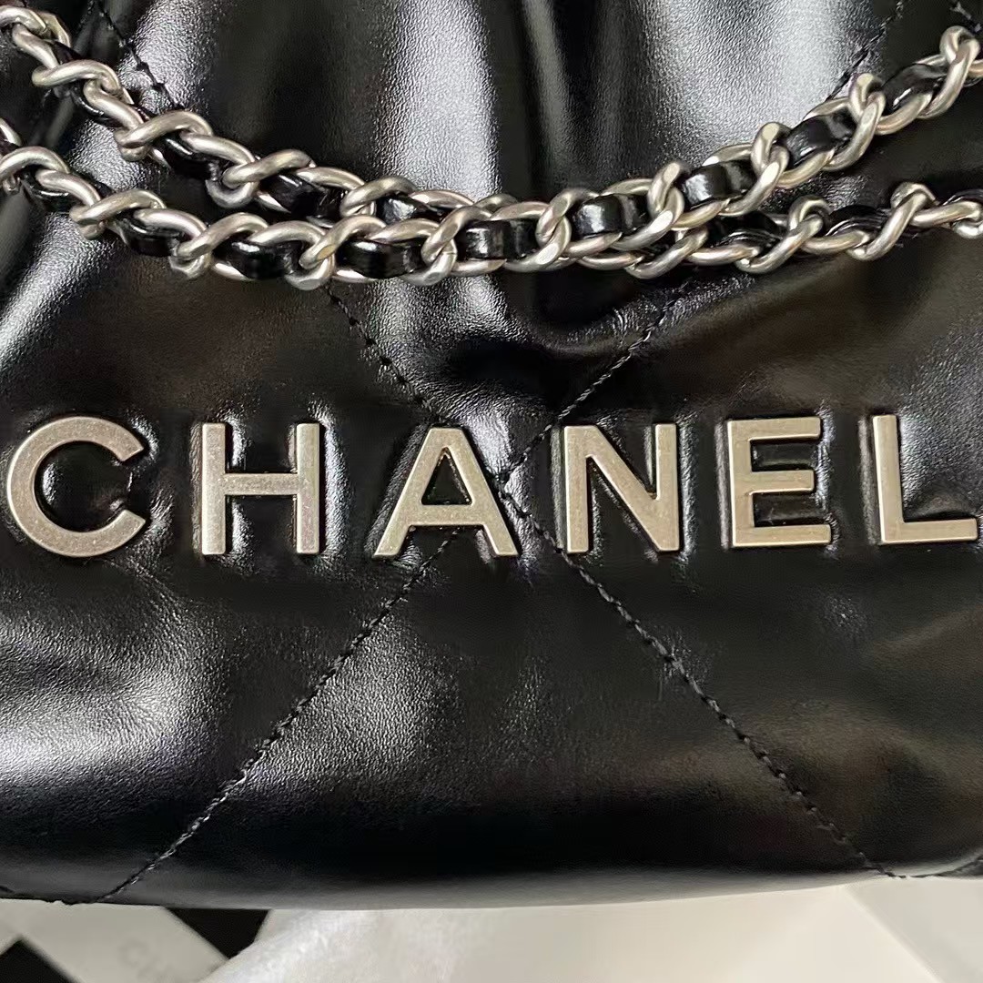 Replicate Chanel 22 AS3980 Mini Tote Bag Shiny Calfskin   Silver Metal Black(1:1 replica)