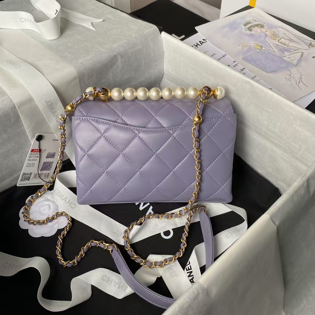 Replicate Chanel AS5001 Mini Flap Bag Top Handle Shiny Lambskin Faux Pearl Gold Metallic Purple(1:1 replica)
