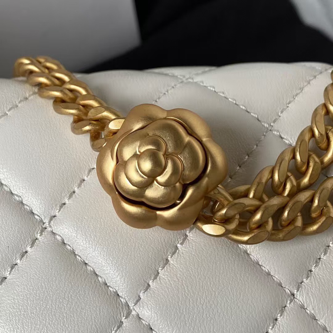 Replicate Chanel 23S AS4041 Mini Camellia Embossed Rectangular Flap Bag Antique Gold Hardware White(1:1 replica)