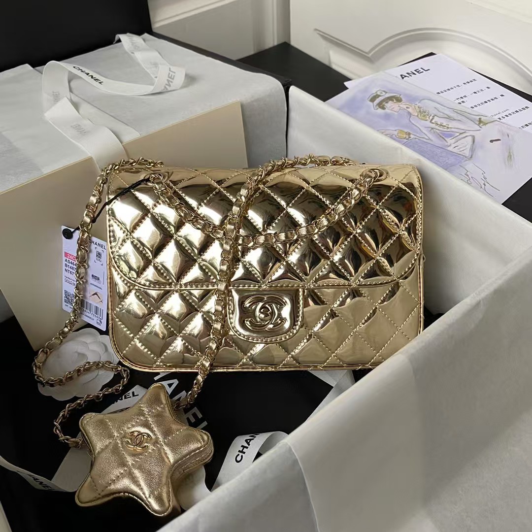 Replicate Chanel AS4648 Flap Bag Star Coin Purse Mirrored Calfskin Metallic Calfskin Gold Metallic Gold(1:1 replica)