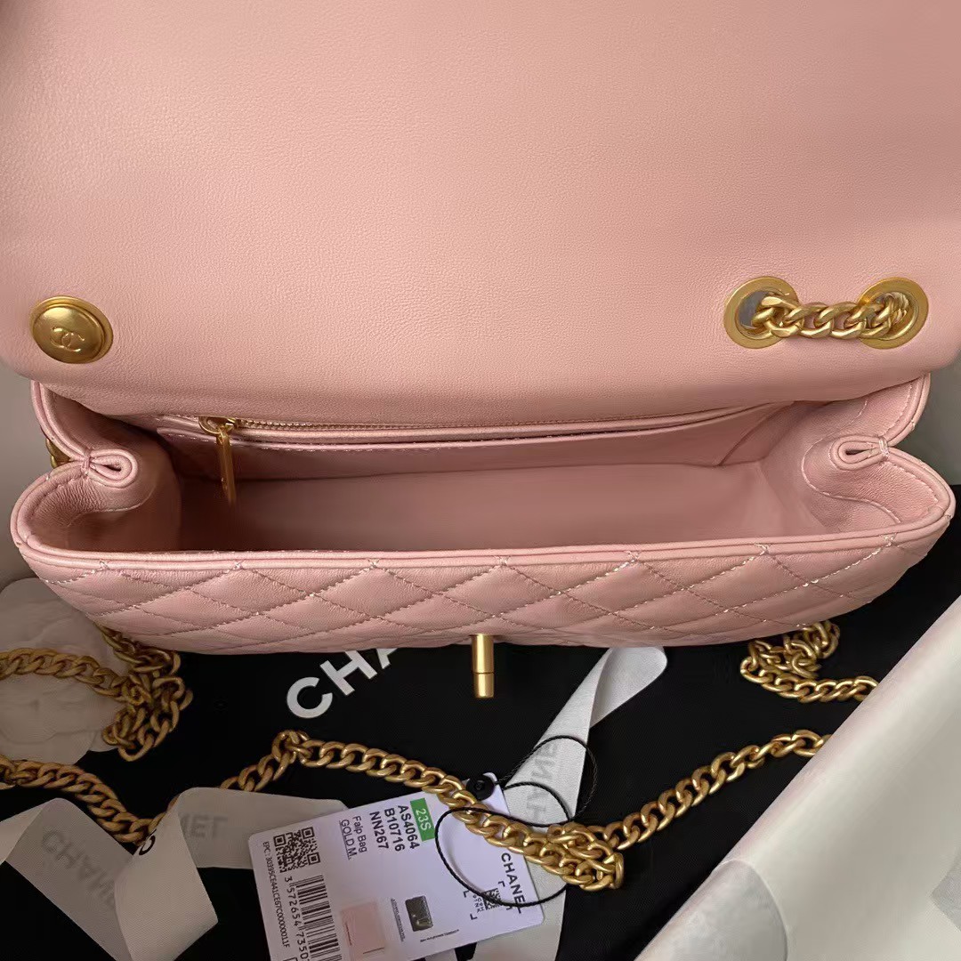 Replicate Chanel 23S AS4064 Camellia Embossed Chain Lambskin Flap Bag Light Pink(1:1 replica)