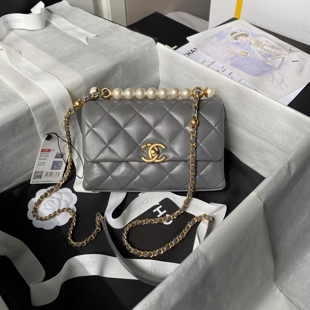 Replicate Chanel AS5001 Mini Flap Bag Top Handle Shiny Lambskin Imitation Pearl Gold Metallic Grey(1:1 replica)
