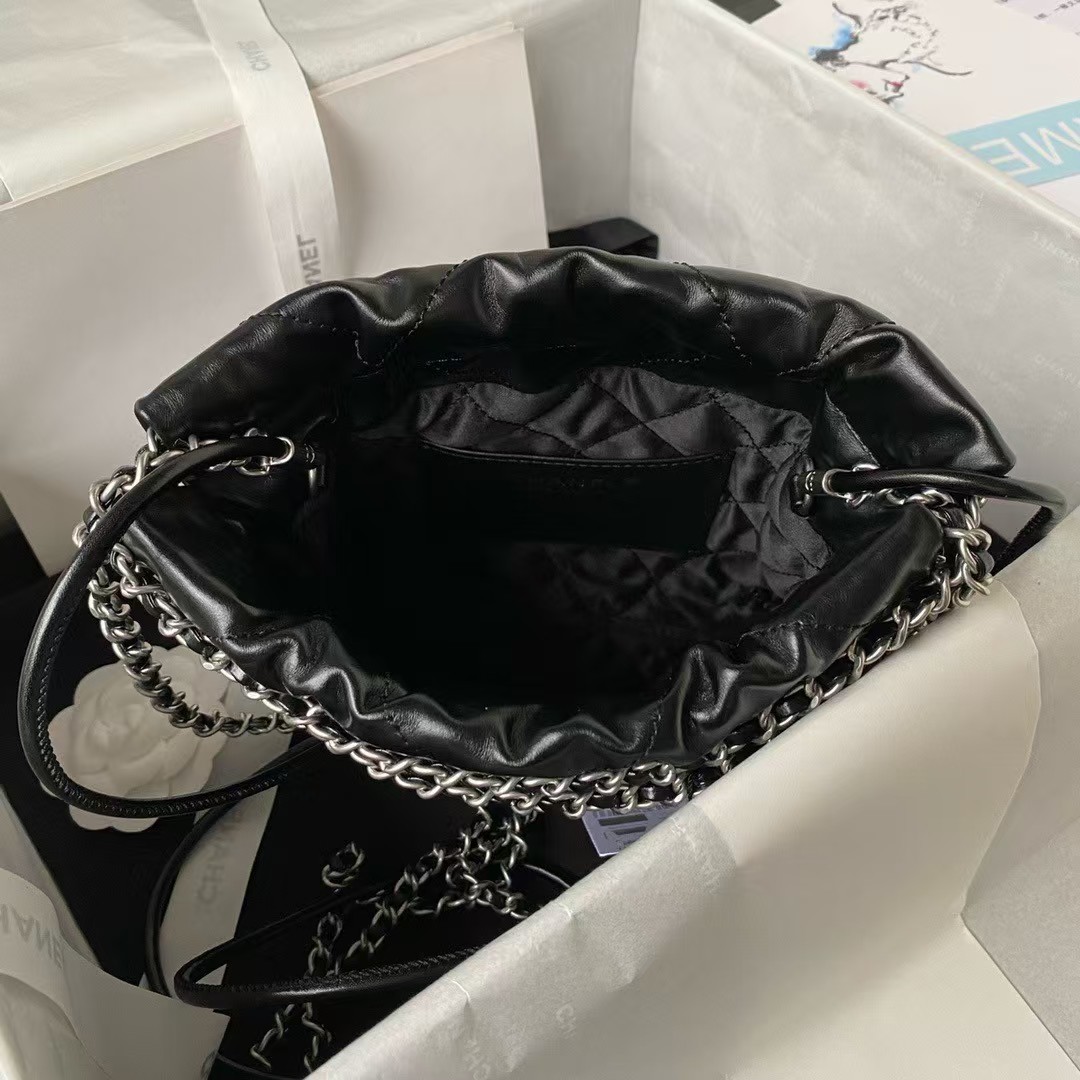 Replicate Chanel 22 AS3980 Mini Tote Bag Shiny Calfskin   Silver Metal Black(1:1 replica)