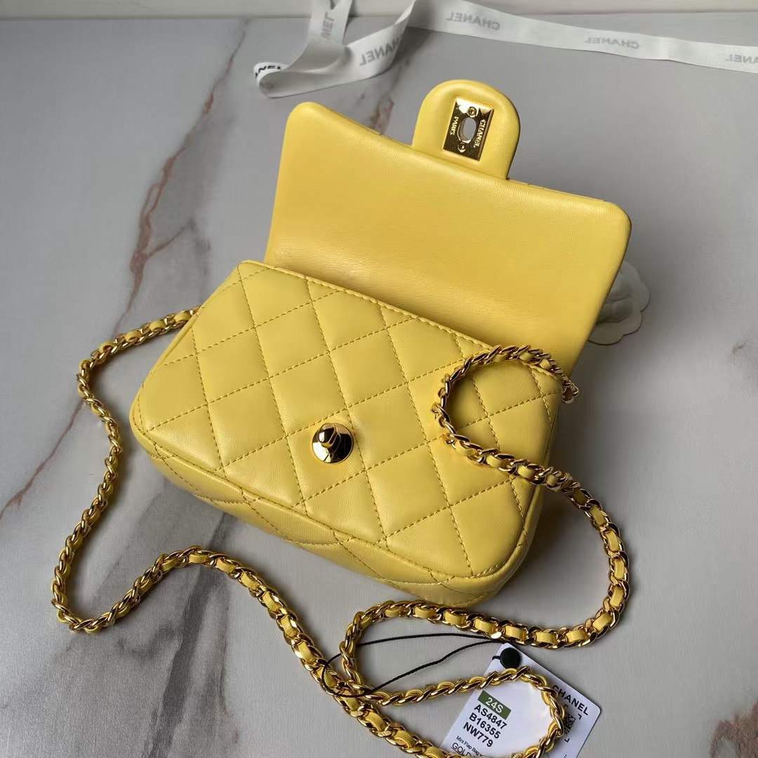 Replicate Chanel AS4847 Mini Flap Bag With Top Handle Lambskin Resin Yellow(1:1 replica)