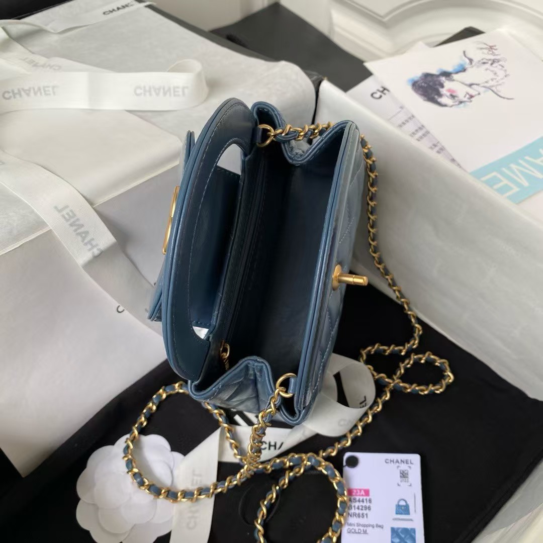 Replicate Chanel AS4416 Mini Shopping Bag Shiny Aged Calfskin Gold-Tone Metal Blue(1:1 replica)