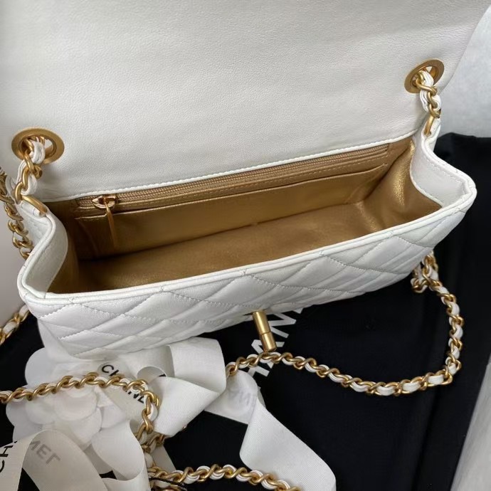 Replicate Chanel 23K AS1787 Mini Pearl Embossed Rectangular Flap Bag Lambskin Brushed Metal Hardware White(1:1 replica)