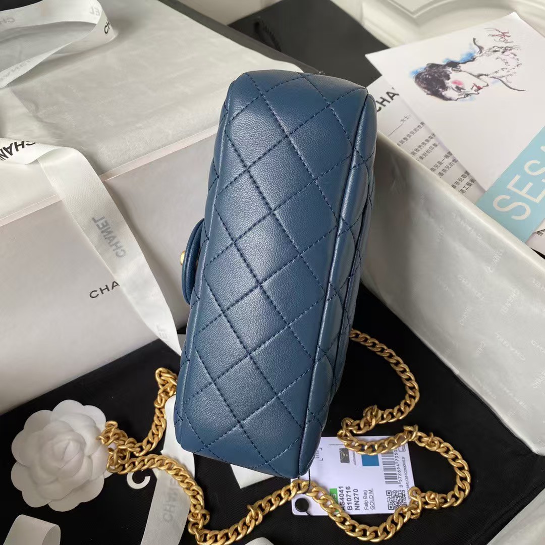 Replicate Chanel 23S AS4041 Mini Camellia Embossed Rectangular Flap Bag Antique Gold Hardware Blue(1:1 replica)