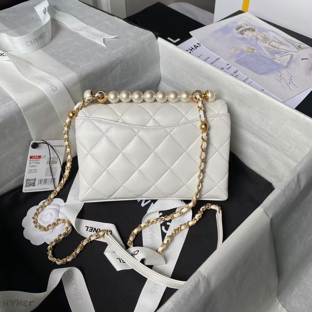 Replicate Chanel AS5001 Mini Flap Bag Top Handle Shiny Lambskin Imitation Pearl Gold Metal White(1:1 replica)