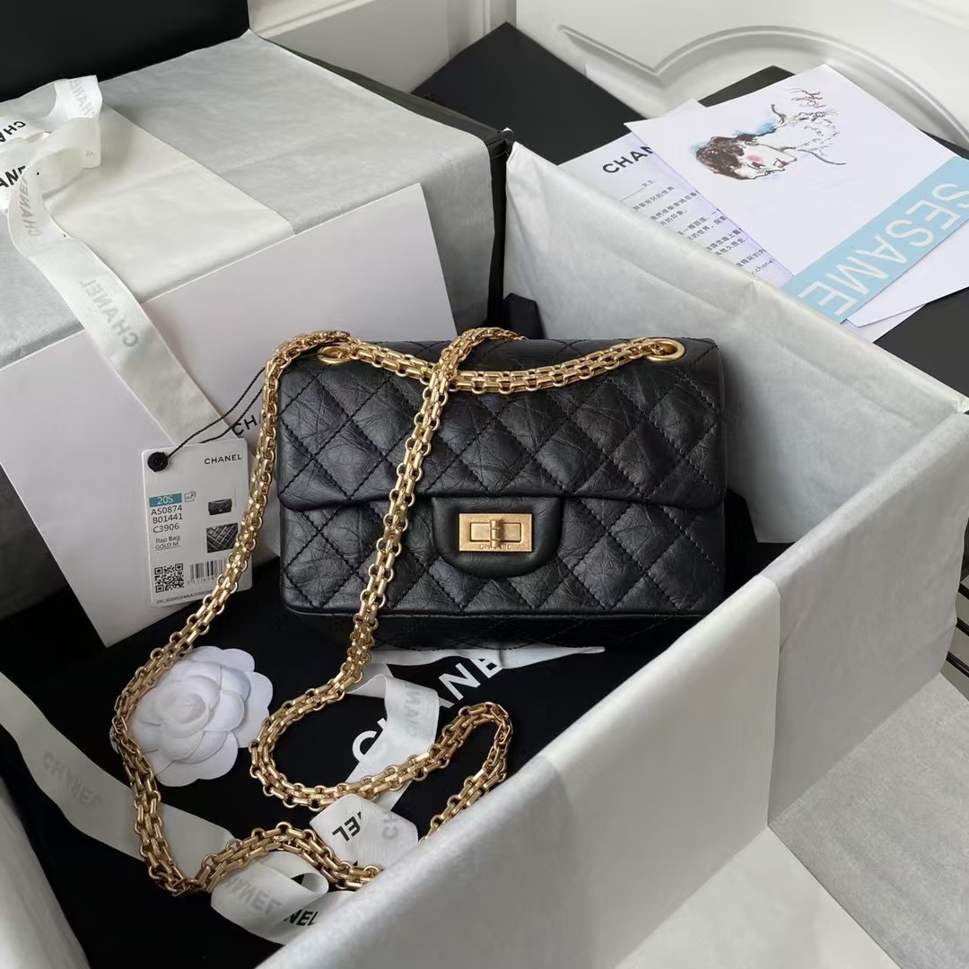 Replicate Chanel 23A Classic Mini 2.55 Flap Bag Black Distressed Calfskin Gold Hardware(1:1 replica)