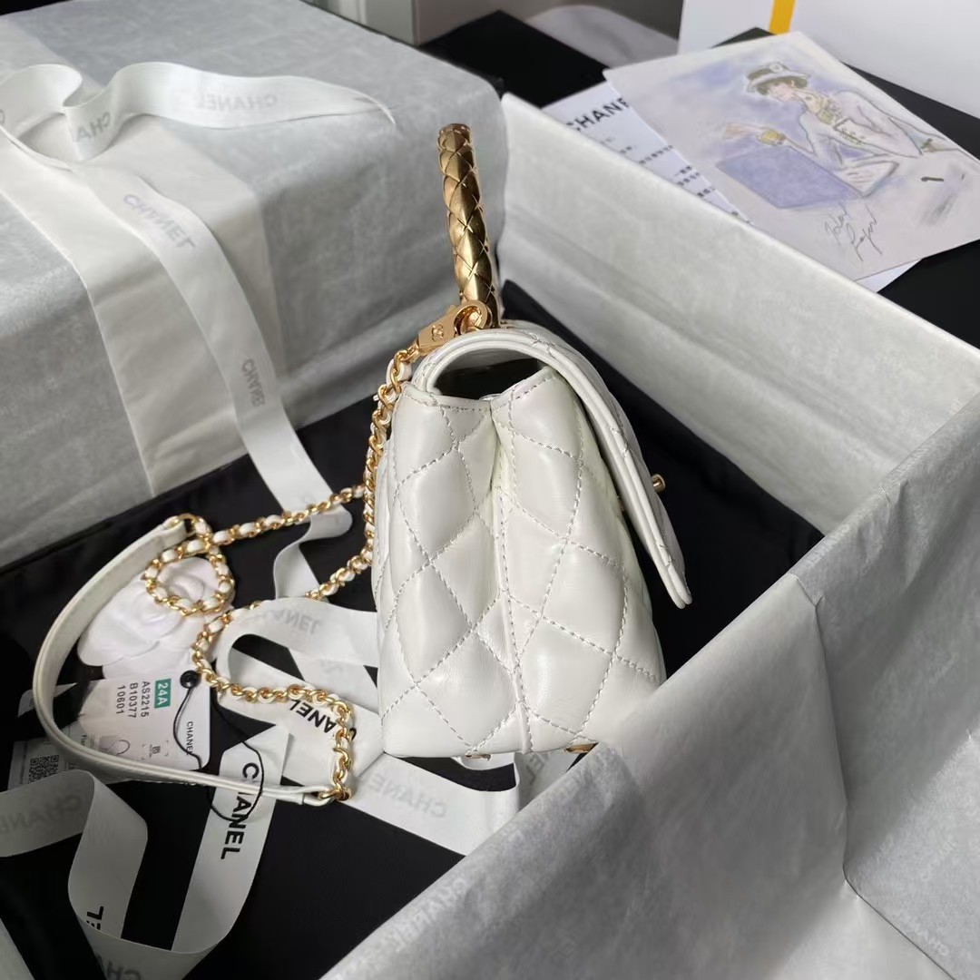 Replicate Chanel AS2215 Mini Flap Bag With Metal Top Handle Shiny Calfskin White(1:1 replica)