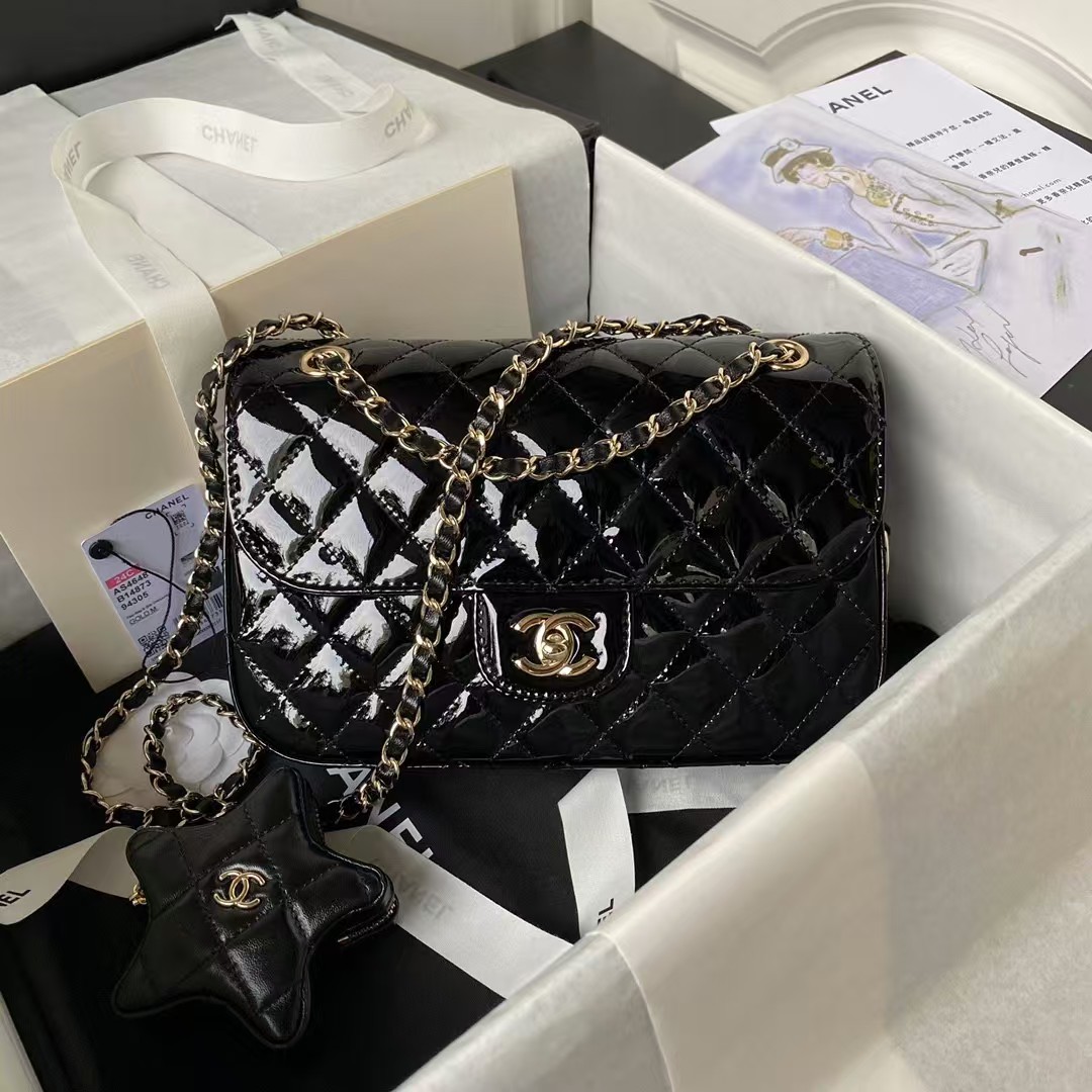 Replicate Chanel AS4648 Flap Bag Star Coin Purse Mirrored Calfskin Metallic Calfskin Gold Metallic Black(1:1 replica)