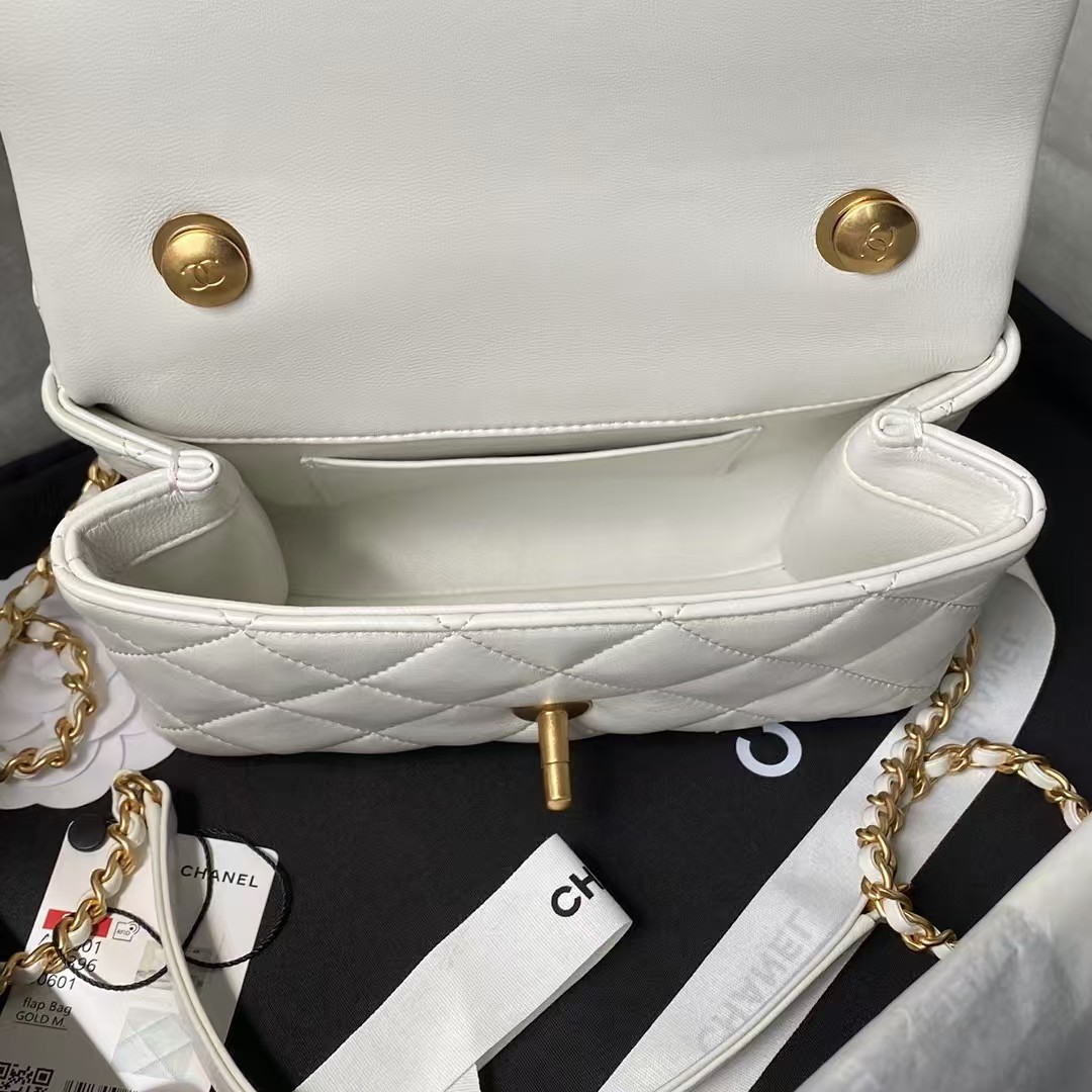 Replicate Chanel AS5001 Mini Flap Bag Top Handle Shiny Lambskin Imitation Pearl   Gold Metal White(1:1 replica)