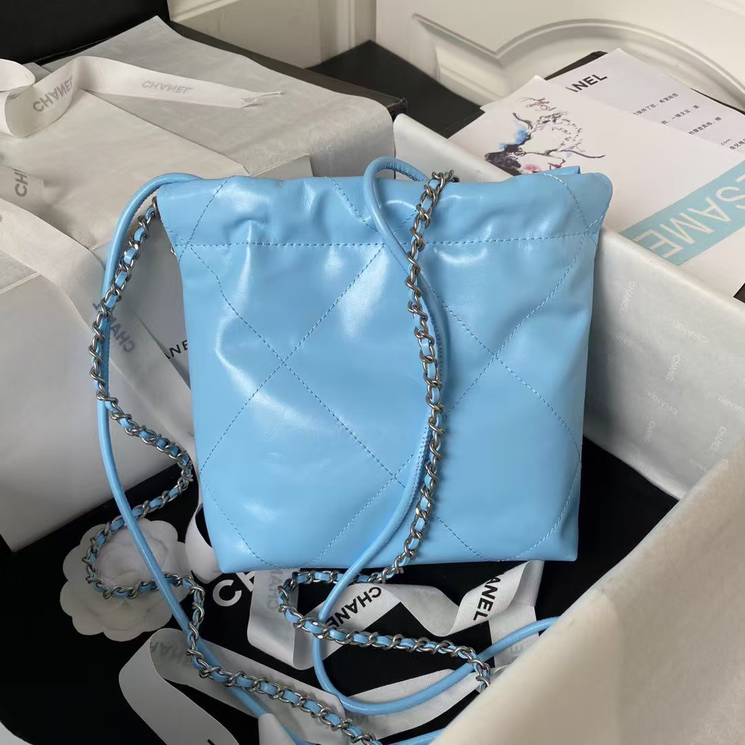 Replicate Chanel 22 AS3980 Mini Tote Shiny Calfskin Silver-Tone Metal Sky Blue(1:1 replica)