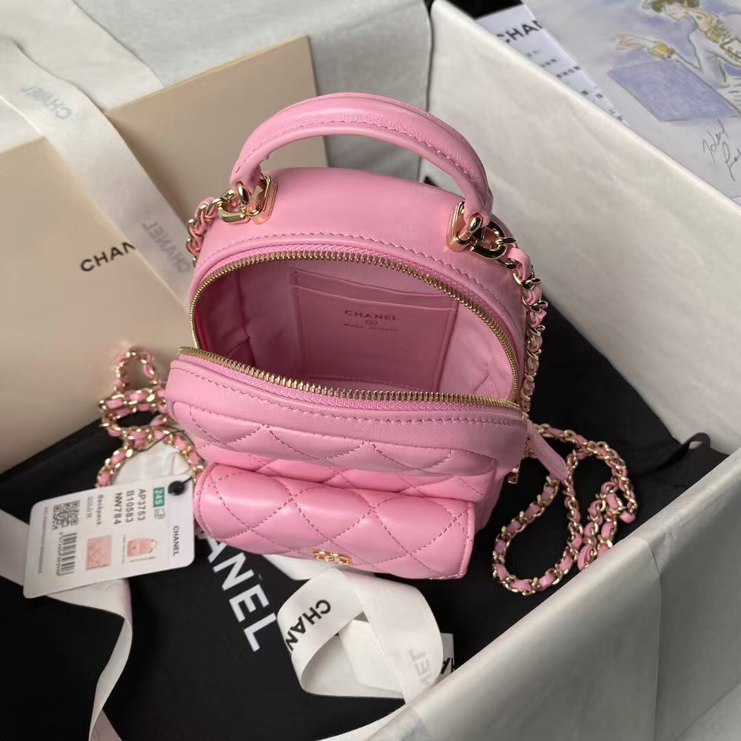 Replicate Chanel 24C AP3573 Mini Backpack Lambskin Gold Metal Pink(1:1 replica)