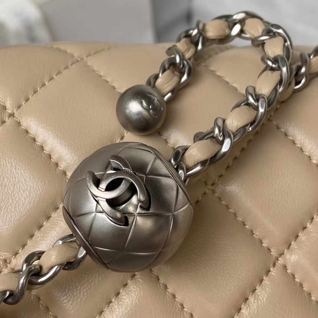 Replicate Chanel 23C AS1786 Mini Square Pearl Embossed Flap Bag Antique Silver Hardware Apricot(1:1 replica)