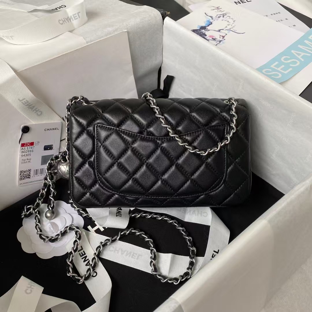 Replicate Chanel 23K AS1787 Mini Pearl Embossed Rectangular Flap Bag Lambskin Brushed Silver Metal Hardware Black(1:1 replica)