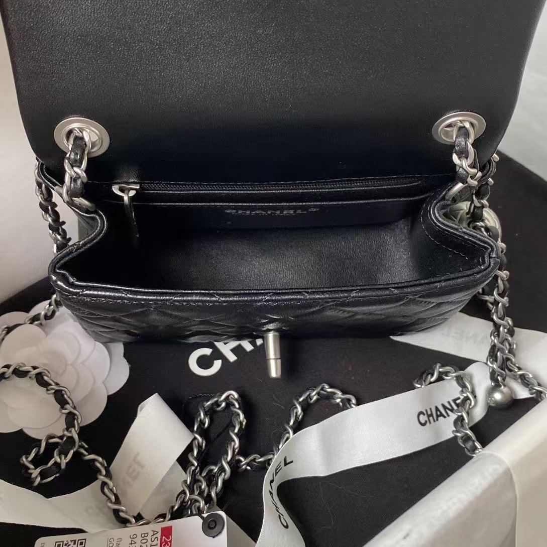 Replicate Chanel 23C AS1786 Mini Square Pearl Embossed Flap Bag Antique Silver Hardware Black(1:1 replica)